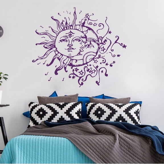 Moon Wall Decal Vinyl Sticker Decals Sun And Moon Crescent Dual Ethnic Stars Night Symbol Sunshine Home Decor Boho Bohemian Bedroom Art