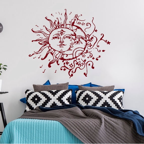 Moon Wall Decal Vinyl Sticker Decals Sun And Moon Crescent Dual Ethnic Stars Night Symbol Sunshine Home Decor Boho Bohemian Bedroom Art