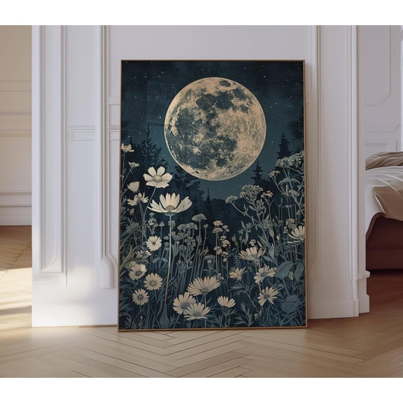 Moon Wall Decor, Moon And Flowers Print, Floral Moon Wall Art, Vintage Moon Print, Wildflowers Moon, Cottagecore Print, Vintage Nature Print Poster Unframed