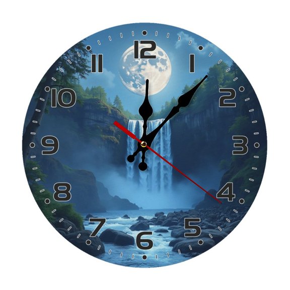 Moon Waterfall Landscape Wall Clock 10 Inch Silent Non Ticking Round Wooden Clock Decoration for Living Room Kitchen Bedroom Bathroom Office Classroom