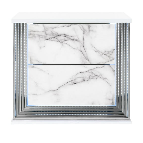 Moon White Marble Nightstand With Led , Modern & Sleek Style, Rich Details, High Gloss Surface, Solid Wood + Material, 27.9 In Depth, 17.61 Width, 24.82 Height, 61.42 Lb Weight Night Table,