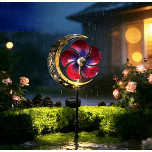Moon Windmill Solar Lights Outdoor - Solar Powered Garden Lights Globe Stake Metal Lights Waterproof Warm Landscape Lighting for Pathway,Yard,Lawn,Patio,Red