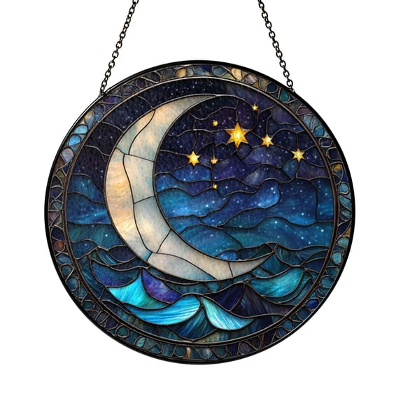 Moon Window Panel with Stained Glass Look, Home Decor Featuring Crescent Moon and Star Pattern