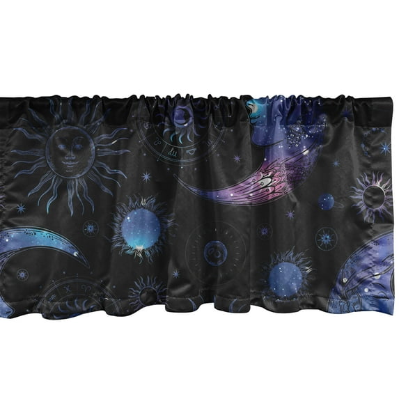 Moon Window Valance, Galaxy Theme Sun and Crescent Sketch Pattern Modern Colors Boho Art, Curtain Valance for Kitchen Bedroom with Rod Pocket, 54" X 18", Quartz Charcoal Grey and Pink, by Ambesonne