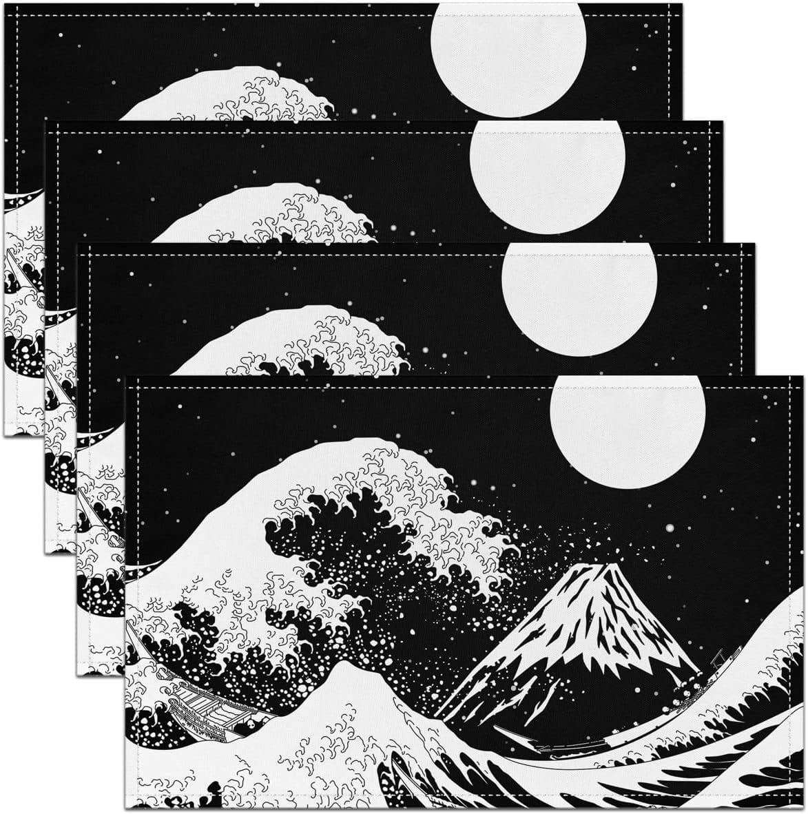 Moon Wipeable Place Mats Set of 4, Ocean Waves Placemats Mountain Fuji