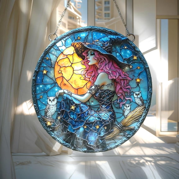 Moon Witch Faux Stained Glass Stained Glass Suncatcher, Pink Haired Sorceress Window Hanging, Fantasy Night Sky Decor Gift For Her Or Halloween