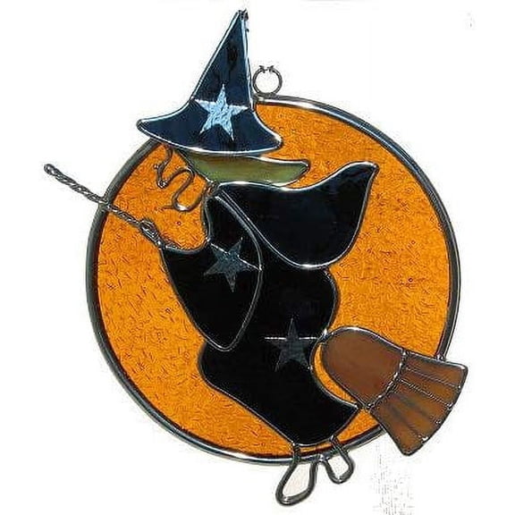 Moon Witch on Broom Suncatcher Real Stained Glass Halloween Decor Silver Finish 7x6 Inches from Juhlin Glass Studio$$Garden & Patio