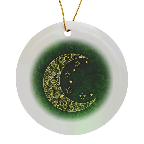 3drose, Moon with Green Background, Circle Porcelain Ornament
