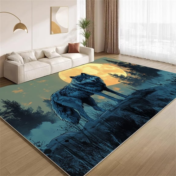 Moon Wolf Area Rugs, Vintage Forest Animal Pattern Carpet, Washable Non Slip Low Pile Soft Rug for Living Room Bedroom Office Decor Mat 2ftx3ft