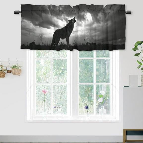 Moon Wolf Kitchen Valance Curtain Rod Pocket Rustic Wolf Howling Dark Night Nature Trees Scenery Privacy Decorative Rod Pocket Short Window Valance Curtains 54 by 18 in, 1 Panel