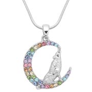 Moon & Wolf Pendant Necklace Multicolor Rhinestone Crystal Rhodium High Polished 17 inch Snake Chain J1668