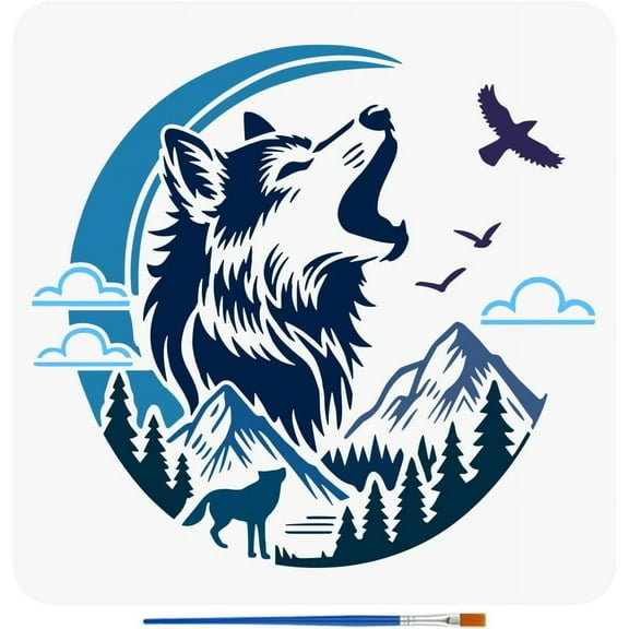 Moon Wolves Stencils with a Paint Brush 11.8x11.8Inch Mountains Wolf Stencil Woods Cloud Stencil Wild Geese Pattern Painting Stencil Animal Theme Wolf Template for DIY Crafts Home Decor