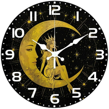 Moon Woman Pattern Wall Clock 12 Inch Non-Ticking Stars Clocks Round Wall Hanging Clock Battery Operated for Bedroom Living Room Kitchen Office Colorful