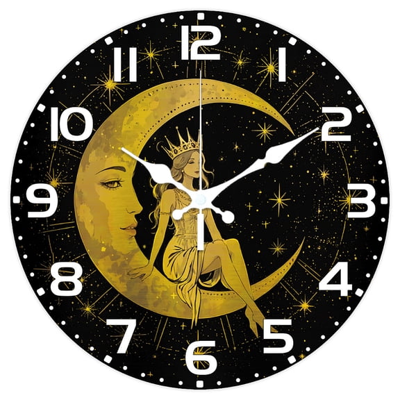 Moon Woman Pattern Wall Clock 12 Inch Non-Ticking Stars Clocks Round Wall Hanging Clock Battery Operated