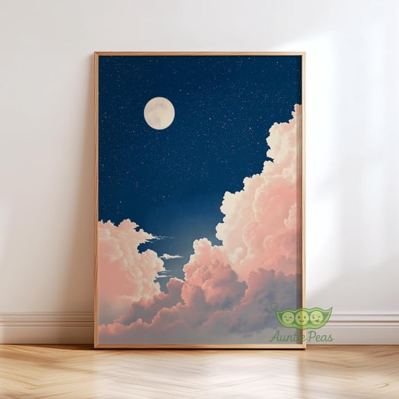 Moon and Clouds Dreamy Night Sky Retro Celestial Pink Cloud Painting Minimal Sky Poster Unframed Paper Print