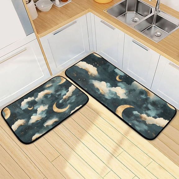 Moon and Clouds Kitchen Mat Set of 2 Cushioned Non Slip Rugs for Bedroom Floor Runner Mats
