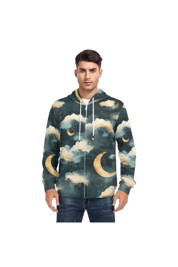 Moon and Clouds Men’s Hoodies Sweatshirt with Full Zip Pockets Fleece Jackets