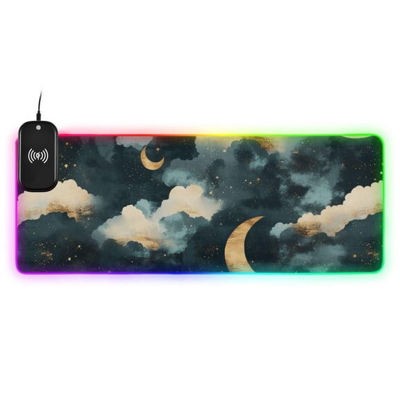 Moon and Clouds Wireless Charging RGB Gaming Mouse Pad Large Keyboard Mat Rubber Base 13 Light Modes