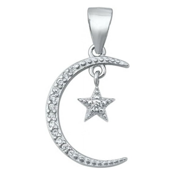 Moon and Dangling Star Pendant With CZ, 925 Sterling Silver with Chain Necklace