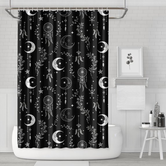 Moon and Dreamcatcher Gothic Pattern Modern Waterproof Shower Curtain Set with 12 Hooks, Washable Decorative Bathroom Shower Curtain
