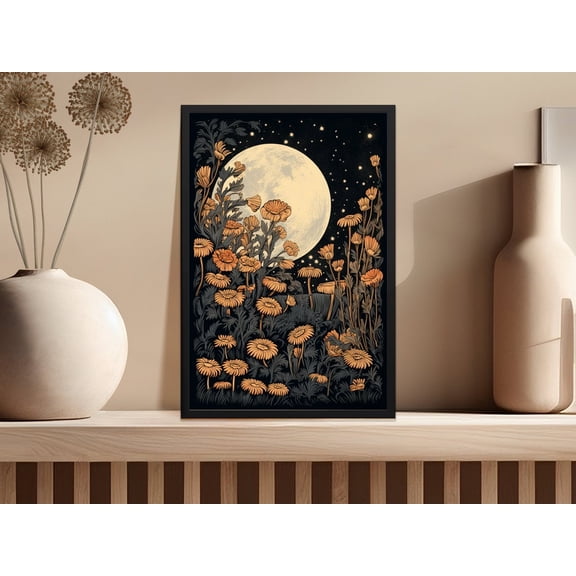 Moon and Flowers Block Print Wall Art Mystical Cottagecore Decor, Unframed Paper Print Size 8x12