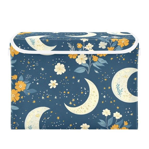 Moon and Flowers Large Storage Bins with Linen Collapsible Lid Storage Box 16.7 x 12.6 x 11.8in