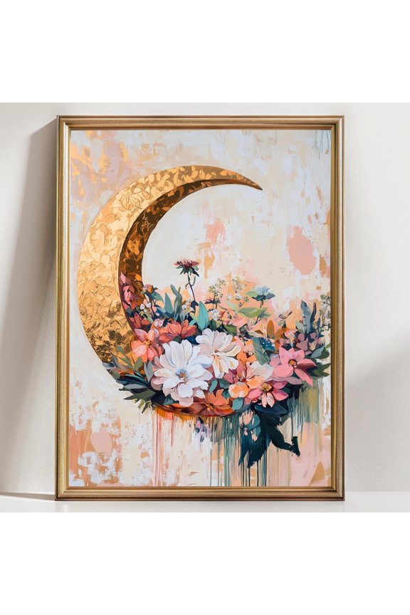 Moon and Flowers Wall Art Golden Crescent Moon Boho Floral Celestial Mystical Decor