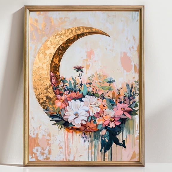 Moon and Flowers Wall Art Golden Crescent Moon Boho Floral Celestial Mystical Decor