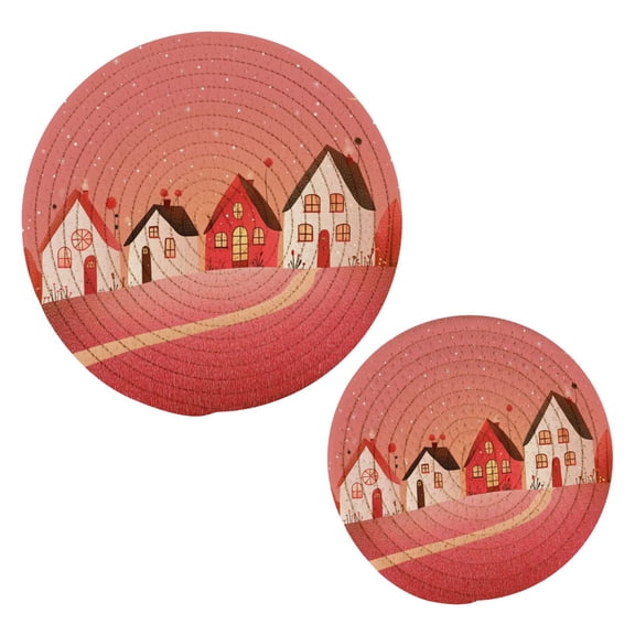 Moon and House Cotton Braided Potholders, 2 Pack Heat-Resistant Pads 7.09'' and 9.45''