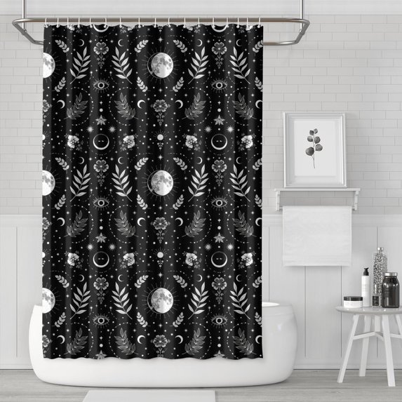 Moon and Leaf Gothic Pattern Modern Waterproof Shower Curtain Set with 12 Hooks, Washable Decorative Bathroom Shower Curtain