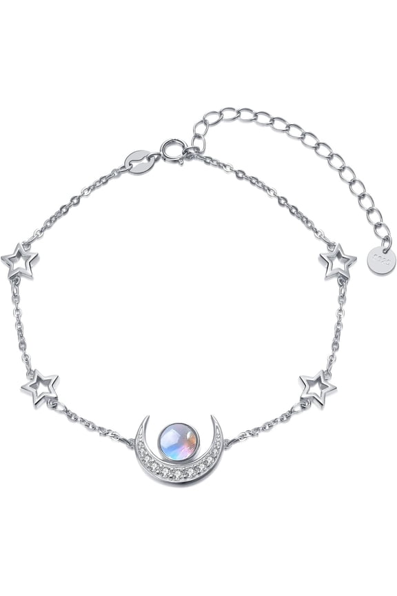 Moon and Star Bracelet 925 Sterling Silver Rainbow Round Moonstone Bracelet for Women Moon Bracelet Moon Jewelry