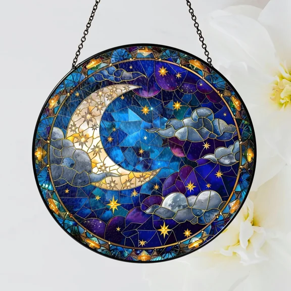 Moon and Star Celestial Night Sky Stained Glass Suncatcher Home Decor