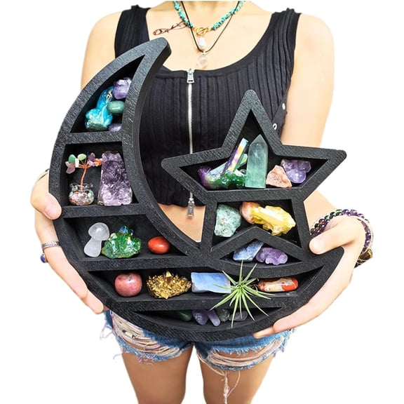 Moon and Star Crystal Display Shelf - Wooden Wall Shelf for Crystals, Gemstones, and Witchy Home Decor