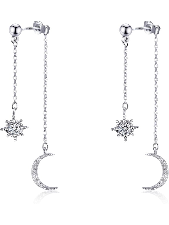Moon and Star Dangle Earrings for Women Chain Tassel with Cubic Zirconia Drop Celestial Jewelry for Wedding Gift