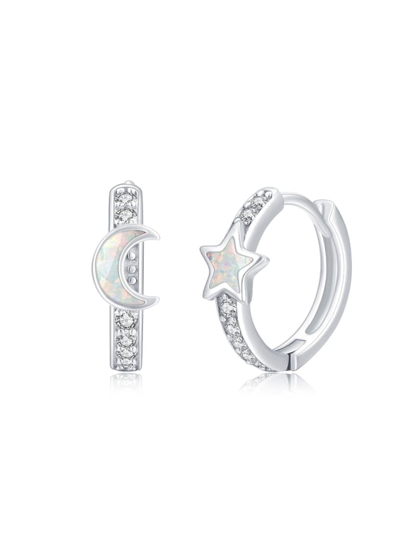 Moon and Star Earring S925 Sterling Silver Star Opal Huggie Hoop Earrings Crescent Moon Jewelry Gifts for Women Birthday Christmas