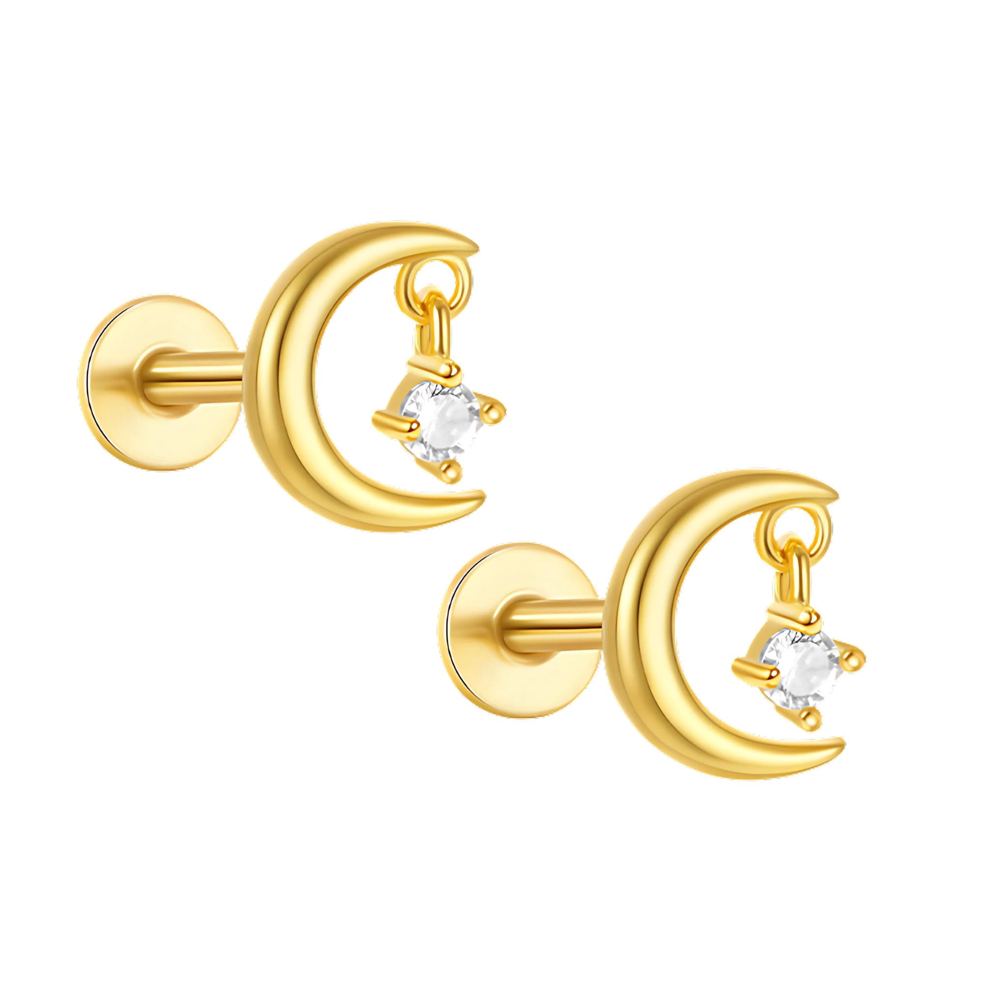 Moon and Star Flat Back Earrings for Women Sterling Silver 16g Cartilage Helix Lobe Body Piercing Stud Ginger Lyne