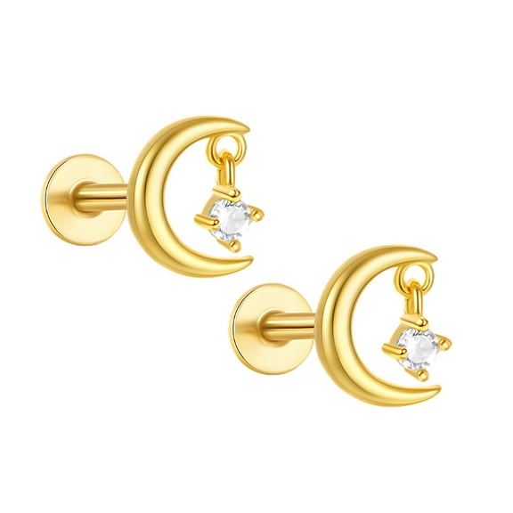 Moon and Star Flat Back Earrings for Women Sterling Silver 16g Cartilage Helix Lobe Body Piercing Stud Ginger Lyne