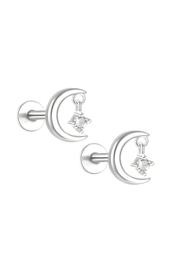 Moon and Star Flat Back Earrings for Women Sterling Silver 16g Cartilage Helix Lobe Body Piercing Stud Ginger Lyne