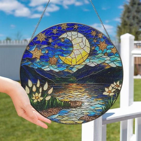 Moon and Star Glass Suncatcher v3, Celestial Night Sky Art, Spiritual Window Decor, 3.5 in