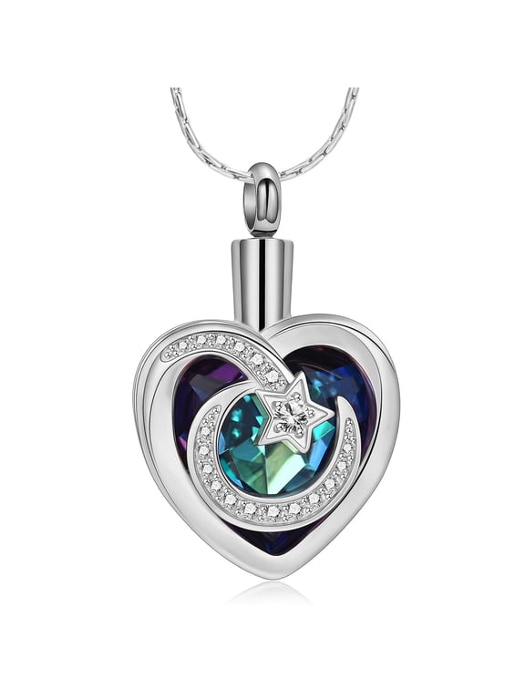 Moon and Star Heart Cremation Jewelry for Ashes Holder Urn Necklace for Ashes of Loved One Pendent for Ashes and Chain