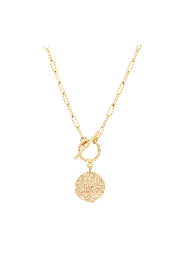 Moon and Star Medallion Pendant Necklace, Gold-Plated Oval Link Chain, 20 in, Celestial Charm Layering Jewelry