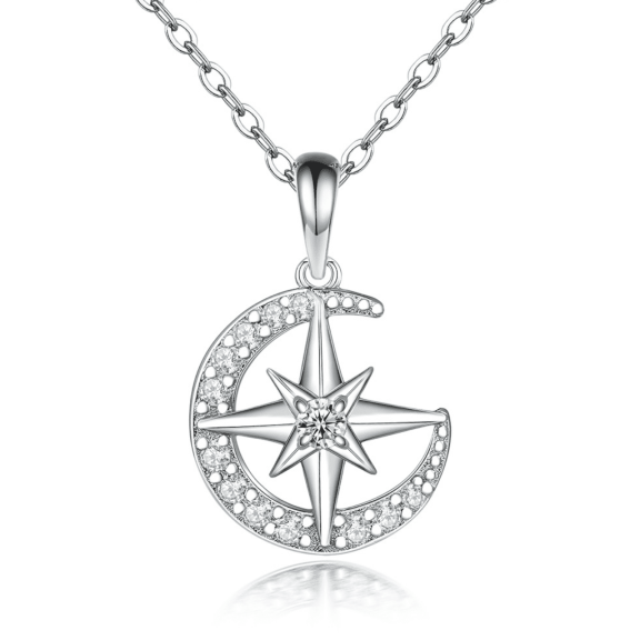 Moon and Star Necklace with Cubic Zirconia,S925 Sterling Silver Moon and Star Pendant Necklace for Women,Best Jewelry Gift for Valentine Girlfriend