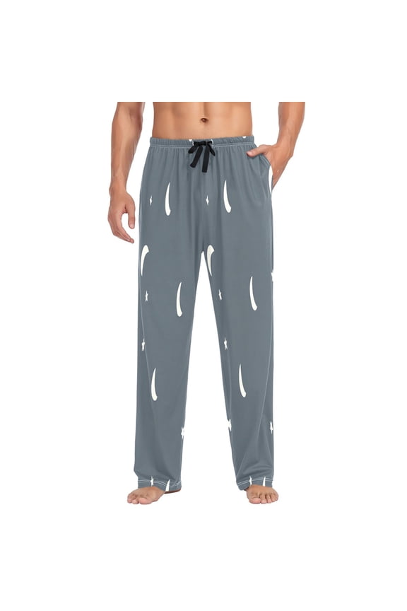 Moon and Star Pattern Design Mens Cotton Pajama Pants Long Staple Lightweight Sleep Bottoms with Pockets Breathable