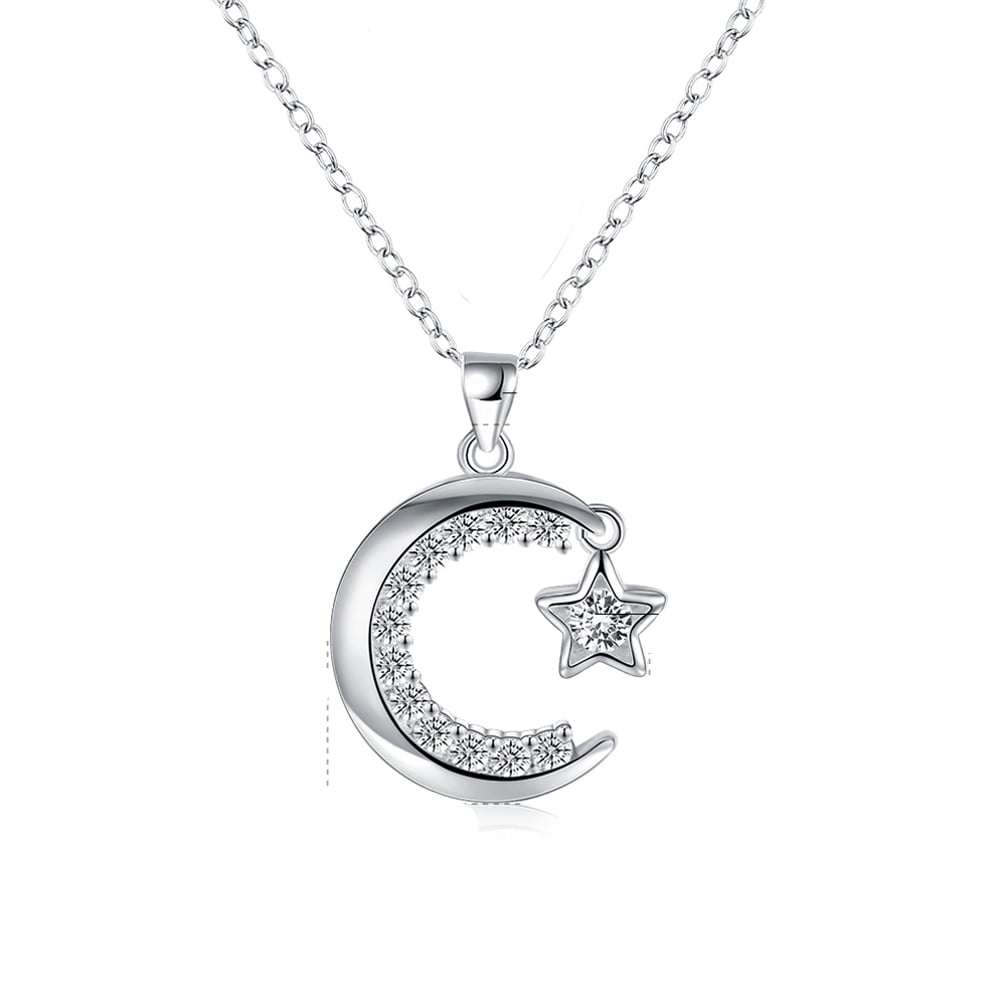 STAR JEWELRY スタージュエリーWG Moon Necklace Moon and Star Pendant Necklace Silver Plated With Quality Crystals