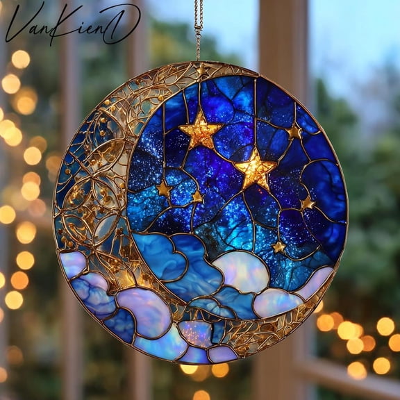 Moon and Star Stained Glass Suncatcher Celestial Night Sky Handmade Spiritual Home Decor Window Hanging Christmas Gift