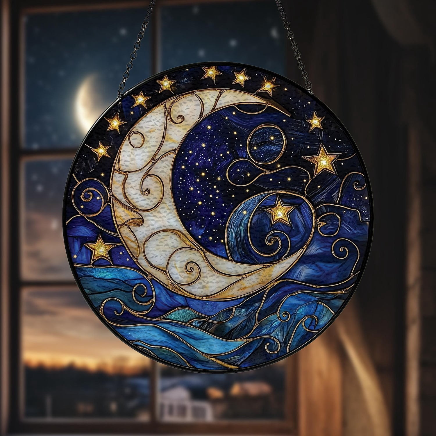 Moon and Star Stained Glass Suncatcher, Celestial Night Sky Ornament ...