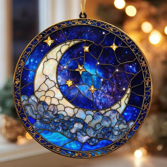 Moon and Star Stained Glass Suncatcher, Celestial Night Sky Suncatcher, Handmade Unique Christmas Gift, Spiritual Home Decor for Windows