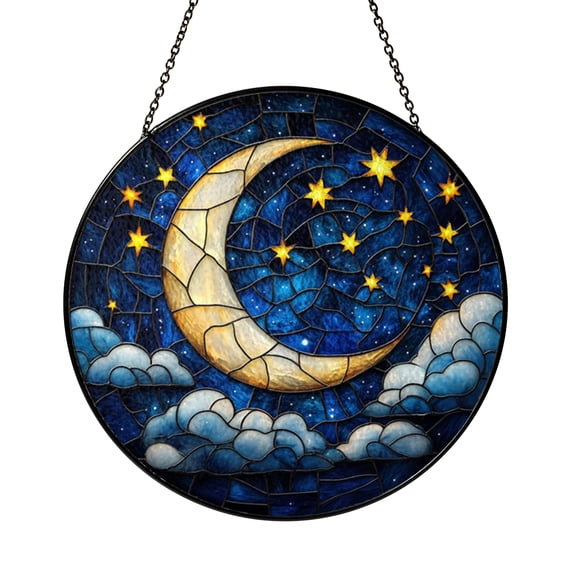 Moon and Star Stained Glass Suncatcher, Celestial Night Sky Window Hanging, Spiritual Home Decor