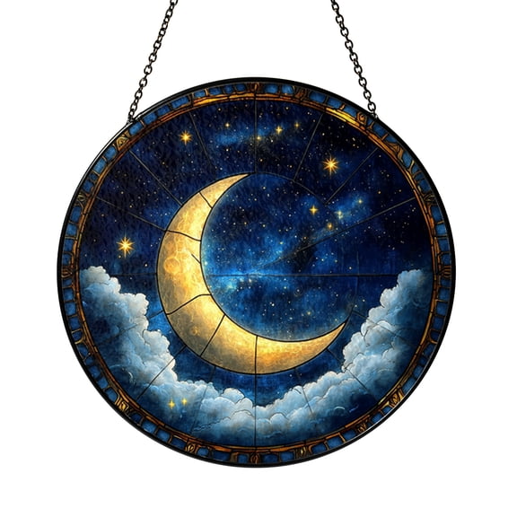 Moon and Star Stained Glass Suncatcher Window Hanging, Celestial Night Sky Light Catcher Decor, Peaceful Home Accent Gift