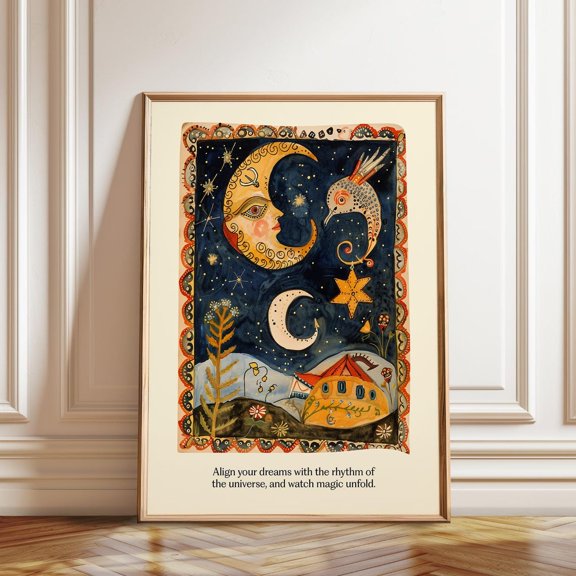 Moon and Stars Celestial Folk Art Spiritual Decoration, Unframed Paper Poster 8x10in